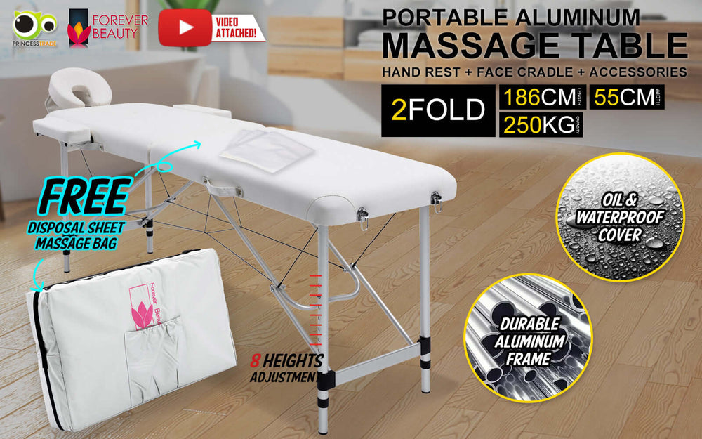 Portable aluminium massage table, 186cm long, 55cm wide, 250kg capacity, waterproof cover, includes free disposable sheet bag.