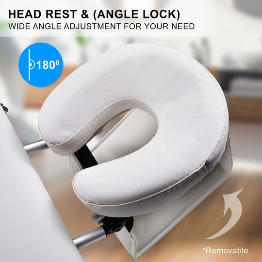 Adjustable removable headrest for portable massage table, featuring 180° angle lock for personalized comfort.