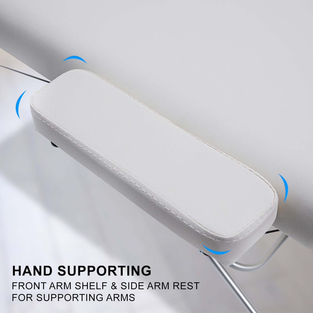 Close-up of the hand supporting arm rest on a white portable beauty massage table, highlighting comfort and functionality.