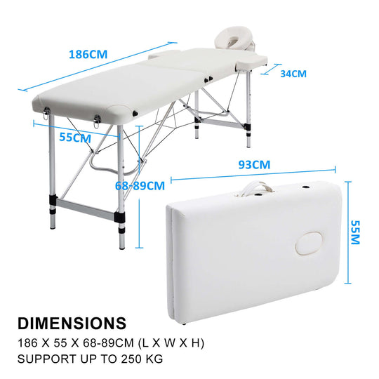 Dimensions of Affordable Aluminium Portable Beauty Massage Table Bed, 186x55cm, supports up to 250kg, features folding design.