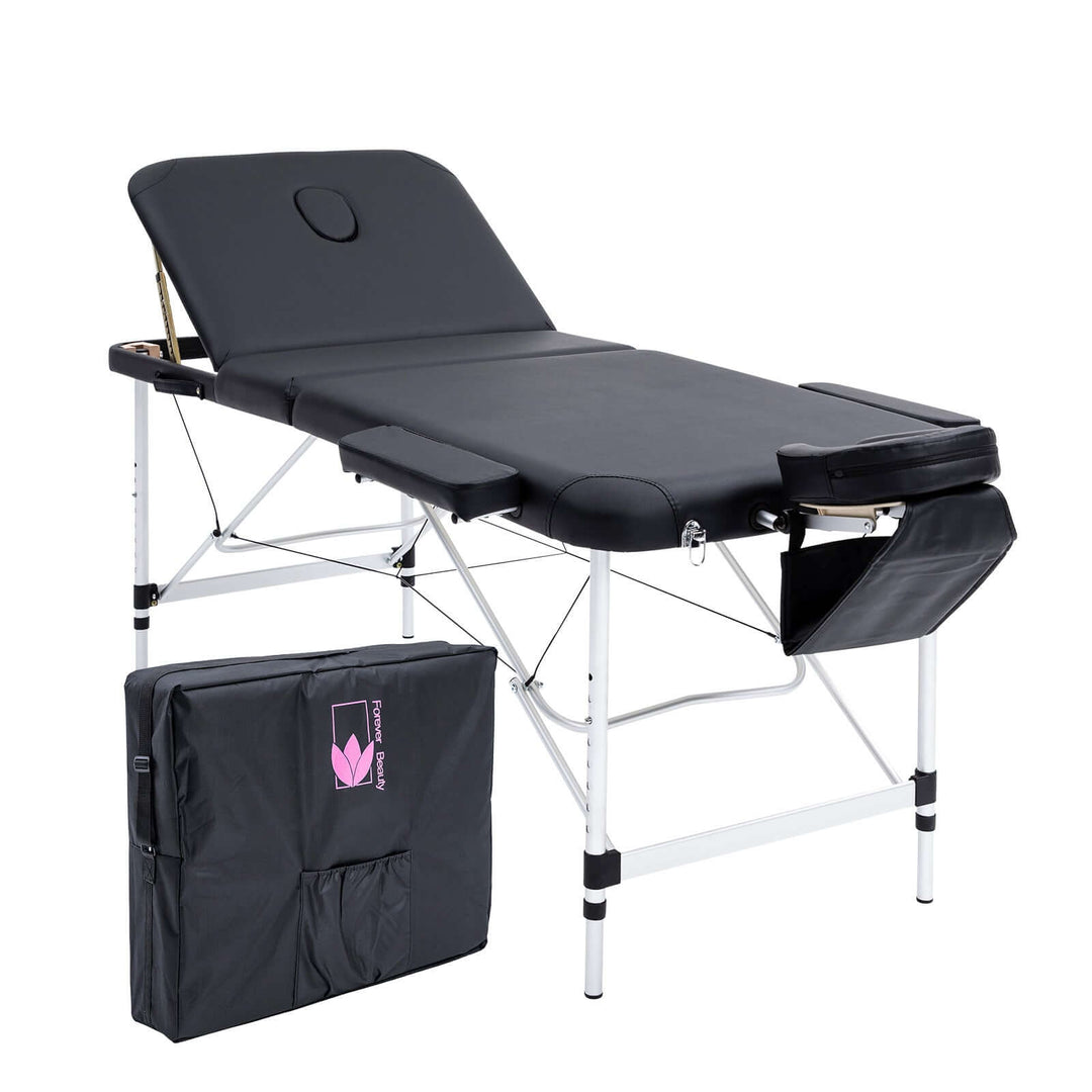 Aluminium portable beauty massage table bed, 3-fold, black, with carry bag, affordable quality for DIY and professional use.