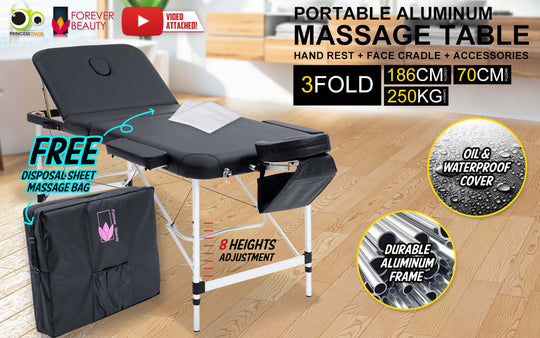 Portable aluminium massage table, 3-fold, 70cm, durable design, free massage bag, 8 height adjustments, oil and waterproof cover.