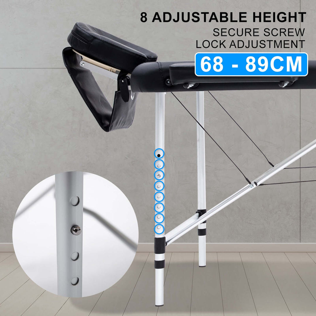 Adjustable height feature of black aluminium massage table, from 68 to 89cm, showcasing secure screw lock adjustments.