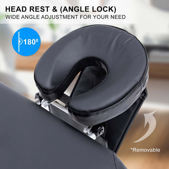 Adjustable headrest with angle lock for portable beauty massage table, offering customizable comfort and support.