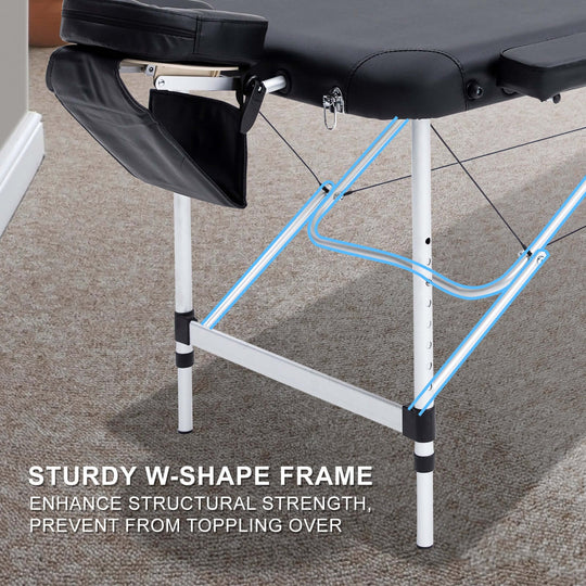 Sturdy W-Shape frame of a portable massage table, designed for enhanced structural strength and stability.