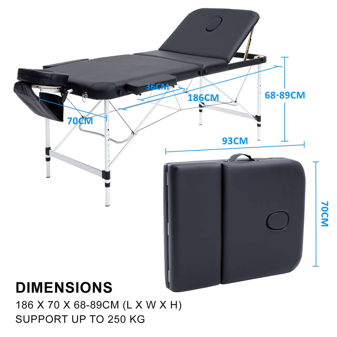 Aluminium portable massage table dimensions 186x70x68-89cm supports up to 250kg; features folding design for convenience.