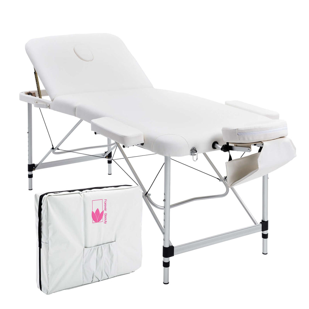 Aluminium portable beauty massage table, 3-fold design, comes with carry bag and disposable sheet, affordable quality for DIY use.