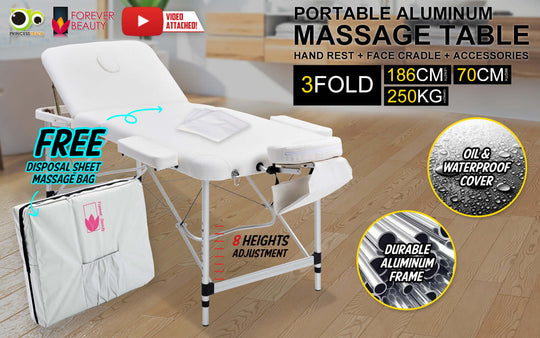 Portable aluminium massage table, 3-fold, 70cm wide, adjustable height, waterproof cover, affordable DIY luxury for beauty professionals.