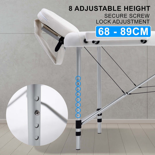 Adjustable height portable massage table with secure screw lock from 68 to 89cm for versatile use.