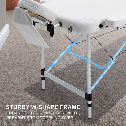 Sturdy W-shape frame of a portable beauty massage table enhancing structural strength and stability for professional use.