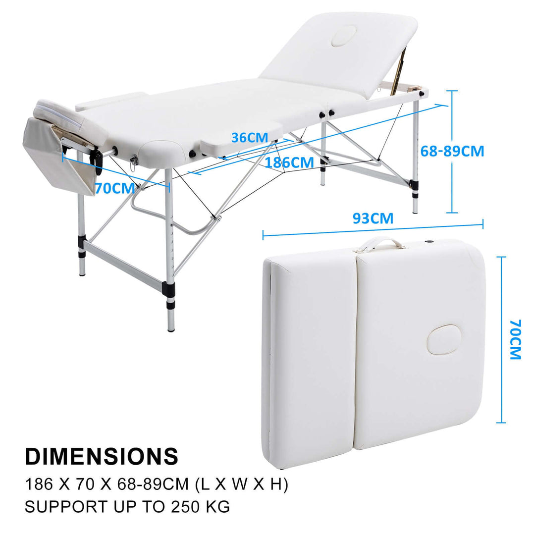 White aluminium portable massage table with dimensions and foldability details, supporting up to 250 kg.