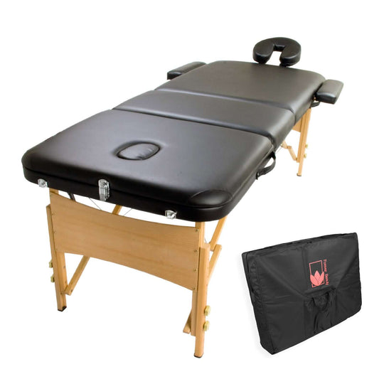 Wooden portable massage table bed in black, 3-fold design with headrest and carrying case, offering quality and affordability.