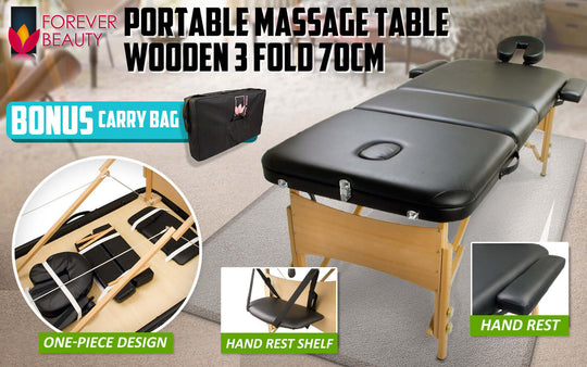 Portable wooden massage table 3 fold 70cm with carry bag, hand rest, and one-piece design for affordable quality therapy solutions.