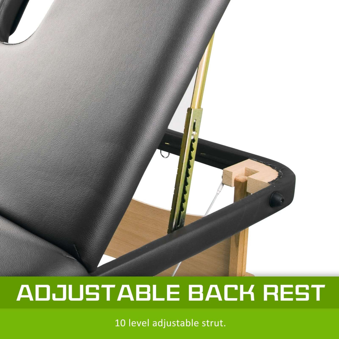 Adjustable back rest on portable massage table with 10-level adjustable strut for customized comfort and support.