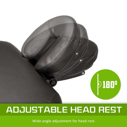 Adjustable head rest on a massage table, showcasing wide angle adjustment for maximum comfort and support.