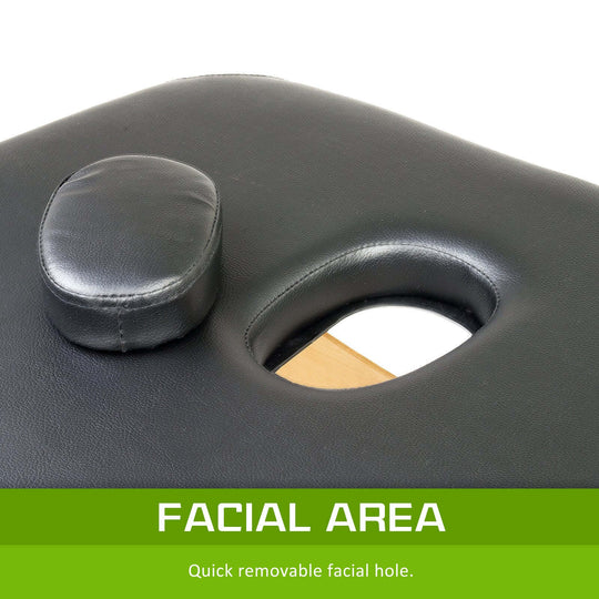 black massage table facial area with quick removable hole for comfort and convenience during treatments