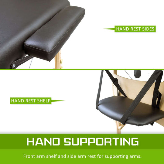 Hand support features of a portable massage table showing arm rest sides and shelf for comfort during therapy sessions.