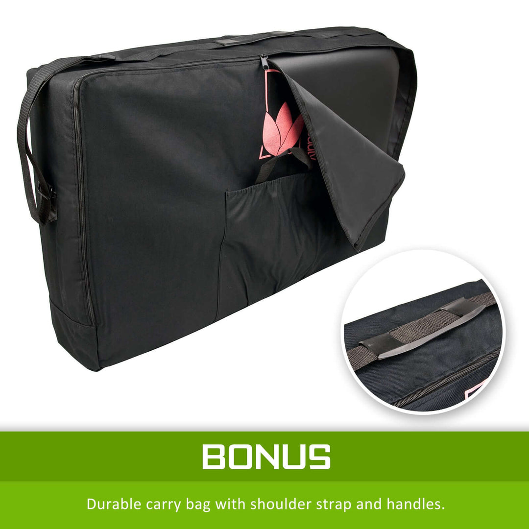 Durable black carry bag with shoulder strap for portable massage table, featuring convenient storage pocket.