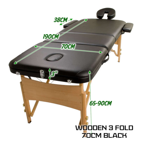 Wooden portable massage table bed 3 fold black 70cm with adjustable heights, ideal for DIY and quality therapy sessions.