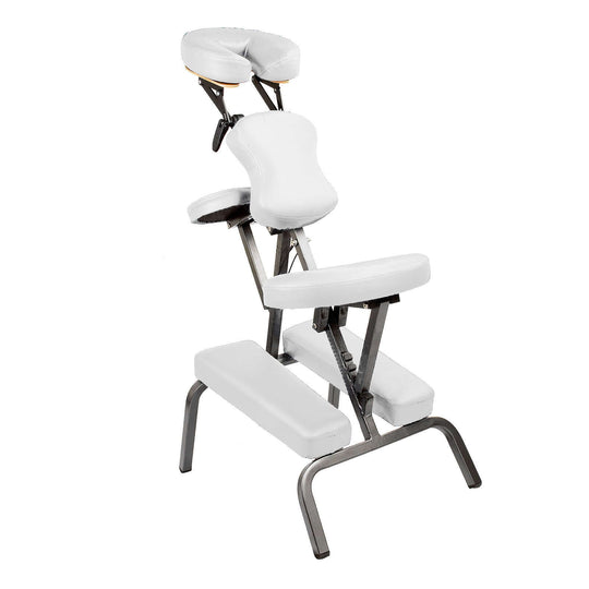 Affordable white aluminum portable beauty massage chair, adjustable and foldable for quality DIY therapy sessions.