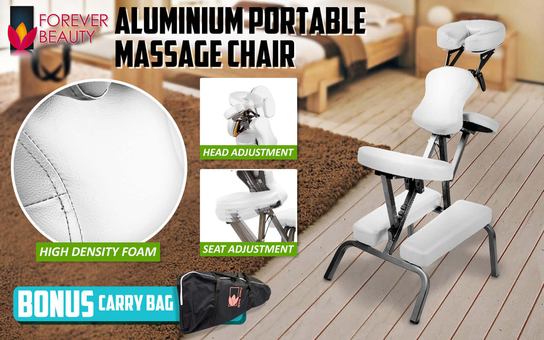 Aluminium portable massage chair with adjustable head and seat, made with high-density foam, includes a bonus carry bag.