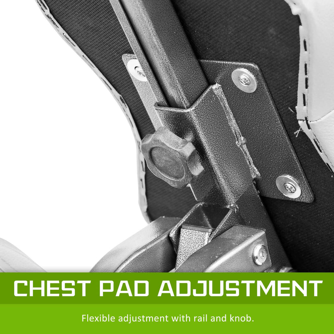 Chest pad adjustment showing flexible design for optimal comfort on white portable beauty massage chair table.