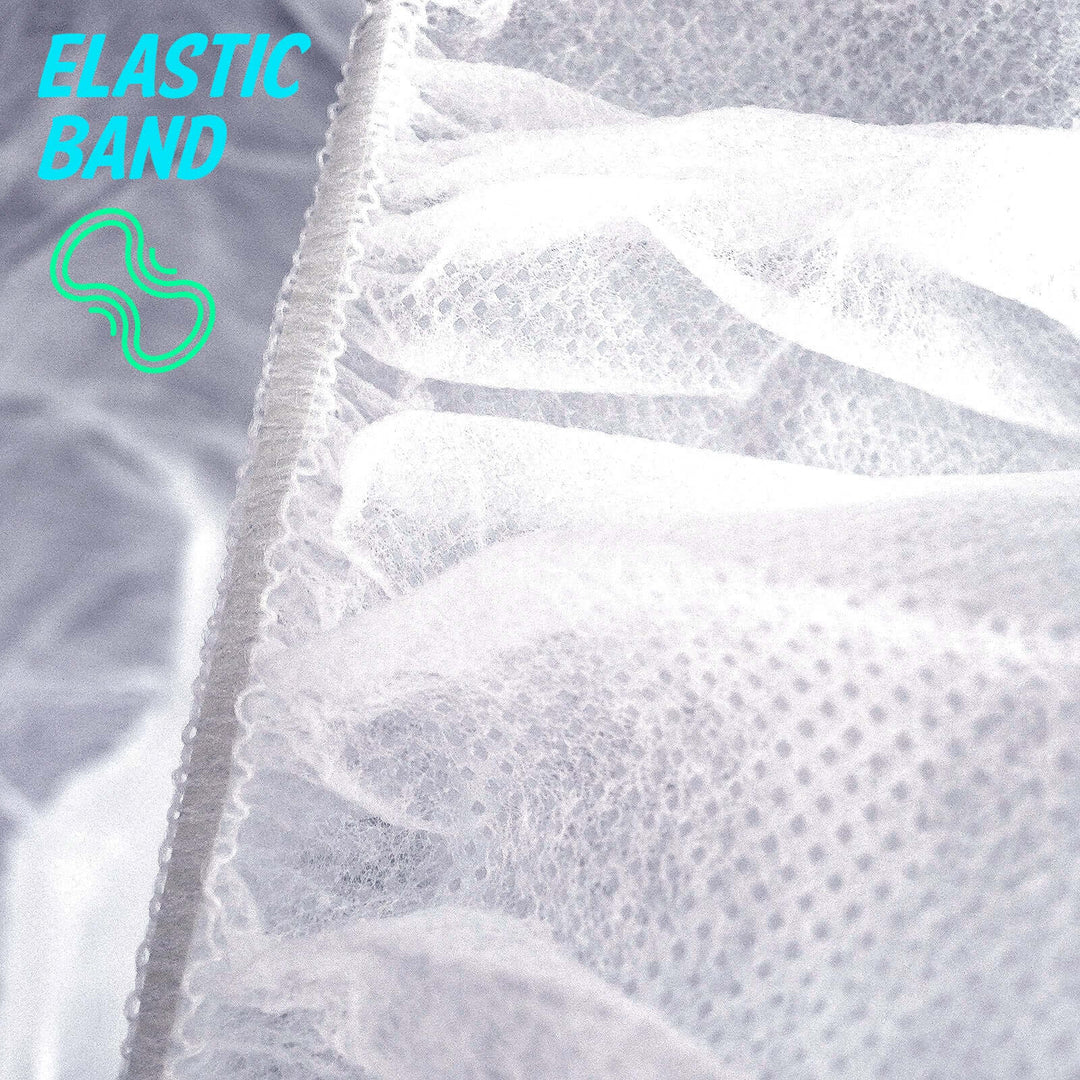 Close-up of elastic band on disposable massage table sheet cover, highlighting quality and affordability.