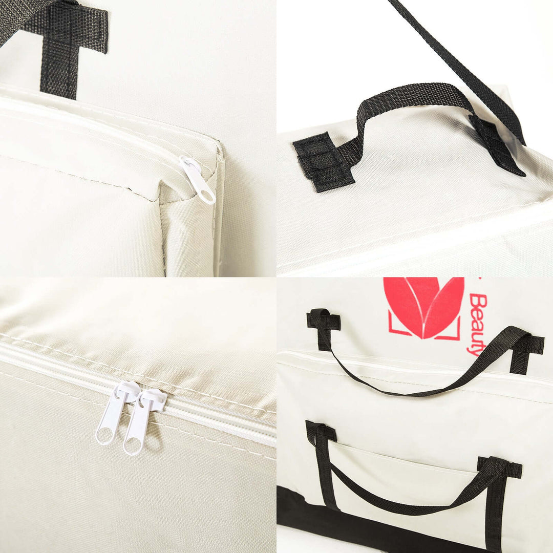 Close-up of Forever Beauty portable massage table carry bag, featuring zippers and ergonomic shoulder strap design.