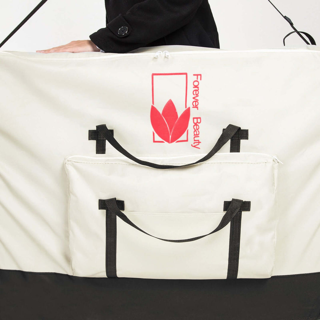 Portable massage table carry bag by Forever Beauty featuring ergonomic straps and strong zippers for easy access.