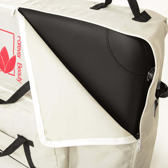 Portable massage table bed in a wheeled carry bag, showcasing black interior and sturdy zippers for easy access.