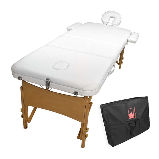 Affordable wooden portable massage table bed in white, 3 fold design with headrest and carrying case for easy transport.