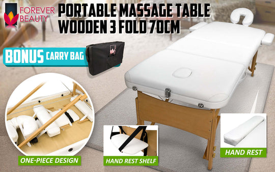 Portable wooden massage table 3 fold 70cm with carry bag, featuring hand rest and one-piece design for quality comfort.