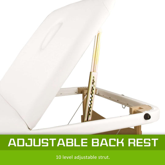 Adjustable back rest of a white wooden massage table with 10-level strut for customized comfort and support.