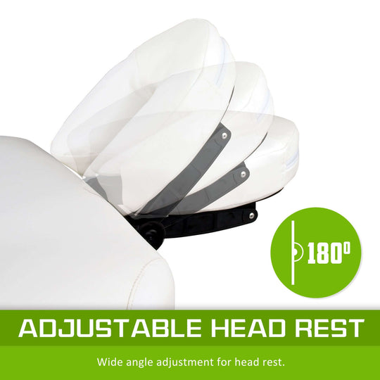 Adjustable headrest of a white portable beauty massage table, allowing wide angle adjustments up to 180 degrees for optimal comfort.