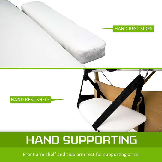 Hand supporting features of a wooden massage table with side and shelf arm rests for enhanced comfort during sessions.