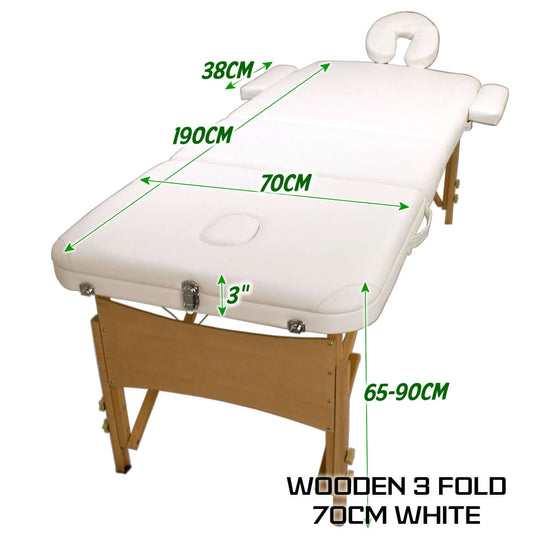 Wooden portable beauty massage table, 3 fold design, 70cm wide, white color, adjustable height, ideal for quality and affordable treatments.