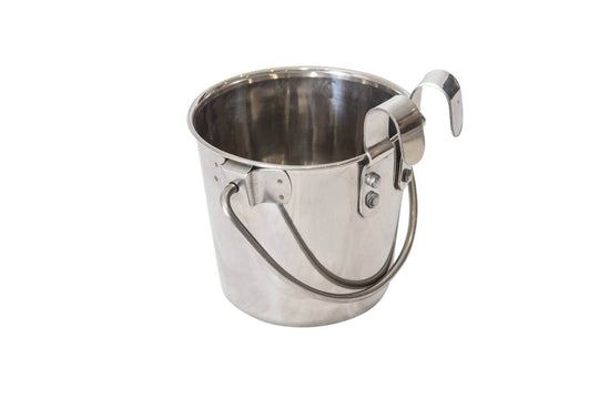 2.8L stainless steel pet feeder bucket with riveted hooks for hanging, ideal for dogs and cats.