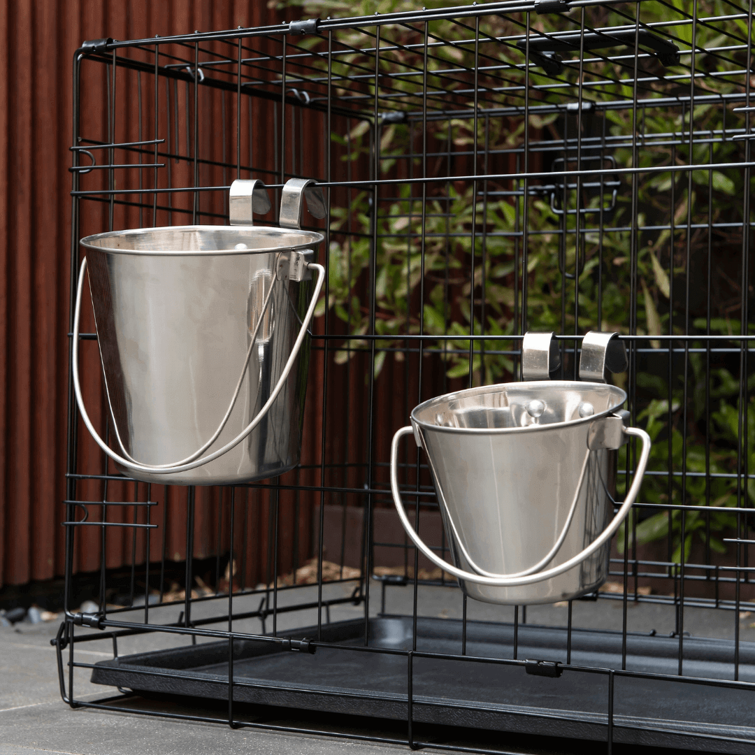 YES4PETS stainless steel pet bowls hanging in a cage for feeding water, featuring durable riveted hooks and a sleek design.