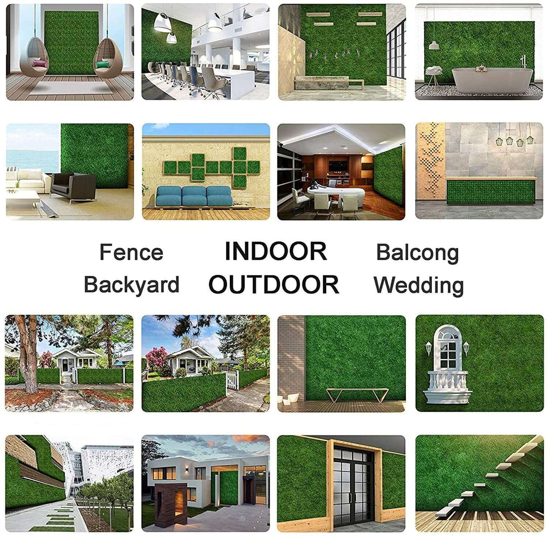 Indoor and outdoor uses of YES4HOMES artificial grass panels in various settings, including homes and events.