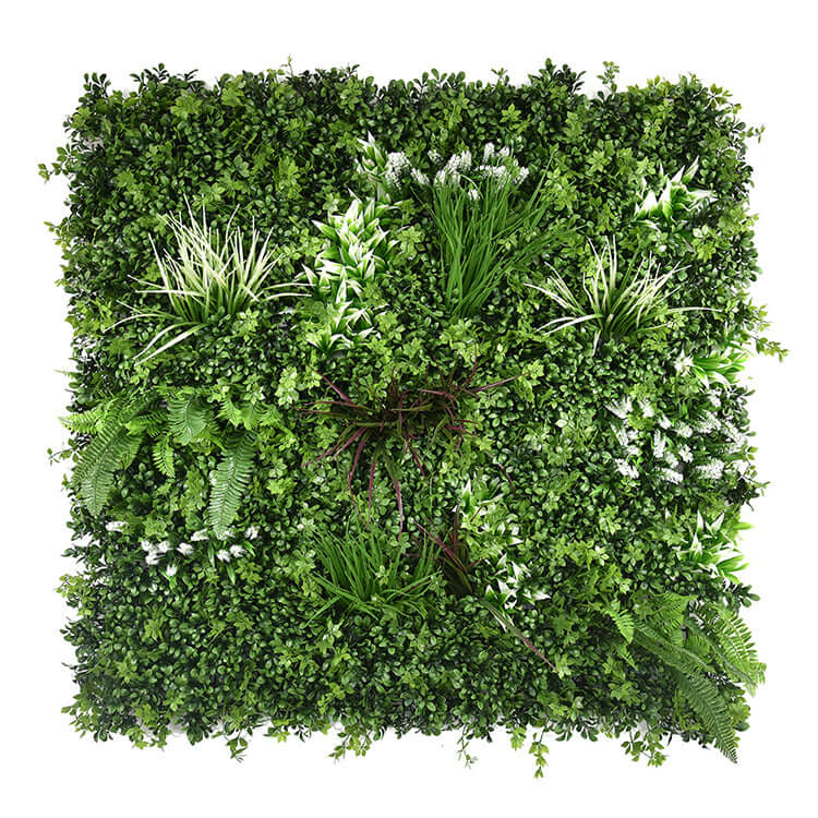 Lush green artificial plant wall panel featuring varied foliage for DIY vertical gardens, offering affordable quality and elegance.