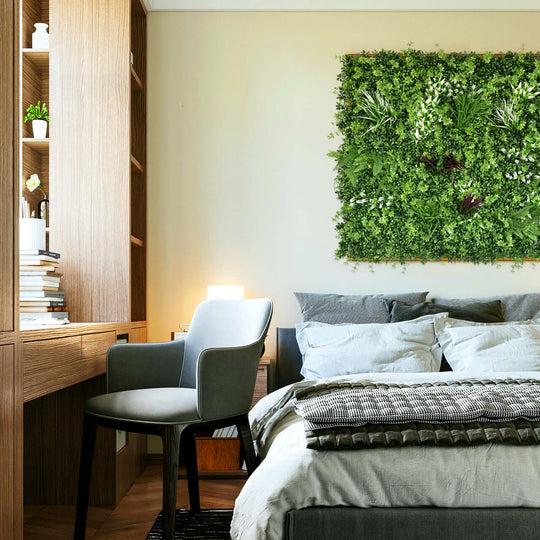 Affordable YES4HOMES 1 SQM artificial plant wall panel in modern bedroom, offering quality and DIY luxury decor.