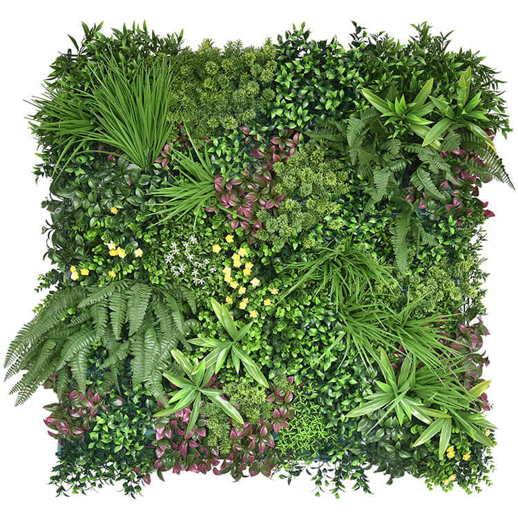 Lush artificial plant wall panel featuring a variety of green foliage, perfect for affordable DIY vertical gardens.