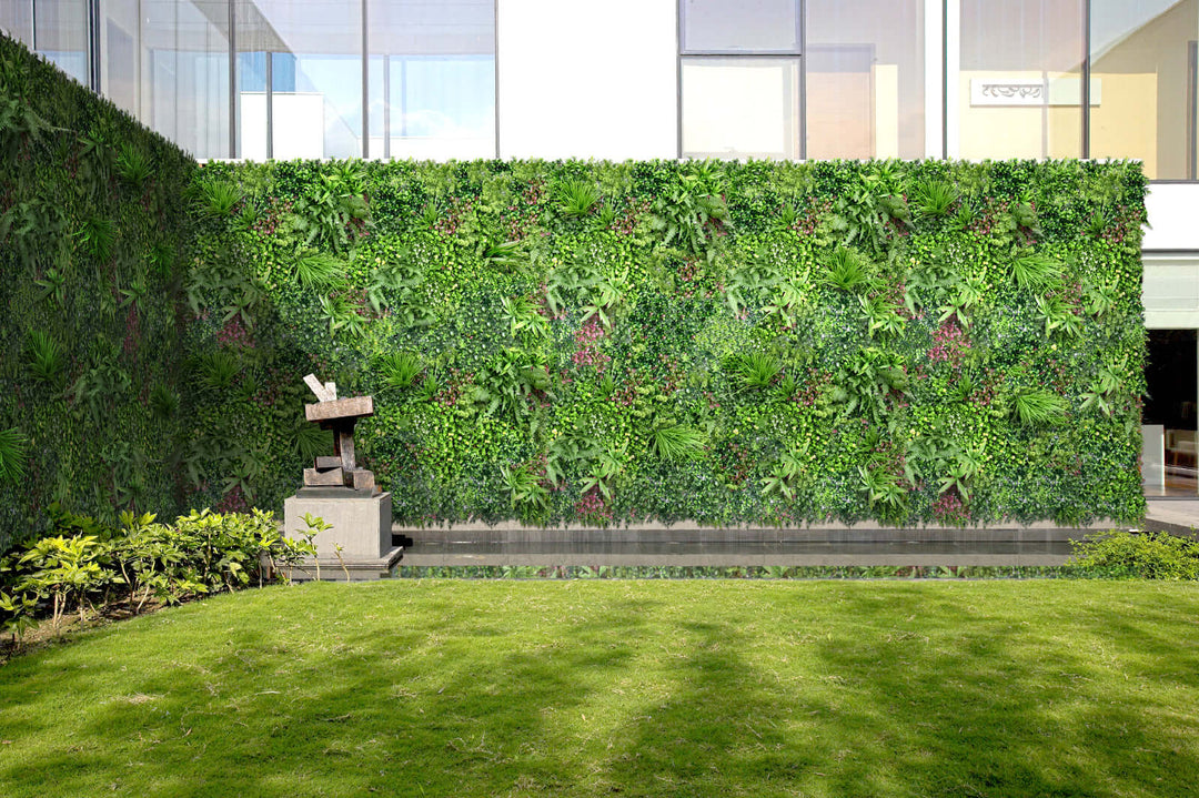 Affordable 1 SQM artificial plant wall panels for a lush vertical garden in a modern outdoor space. Quality DIY decor option.