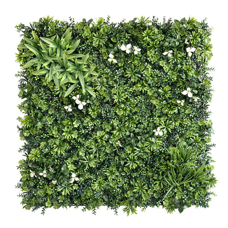 Lush green 1SQM artificial plant wall grass panel for DIY vertical garden decor, featuring various foliage and blooms.