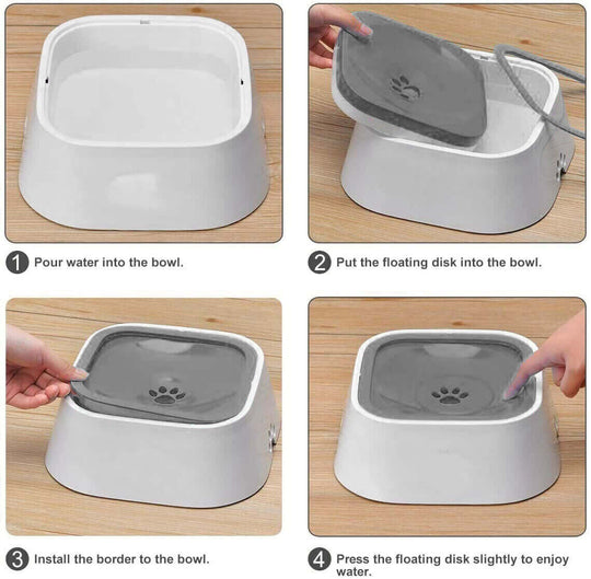 Step-by-step guide to using YES4PETS No Spill Feeder Bowl for pets, featuring pouring water and floating disk placement.