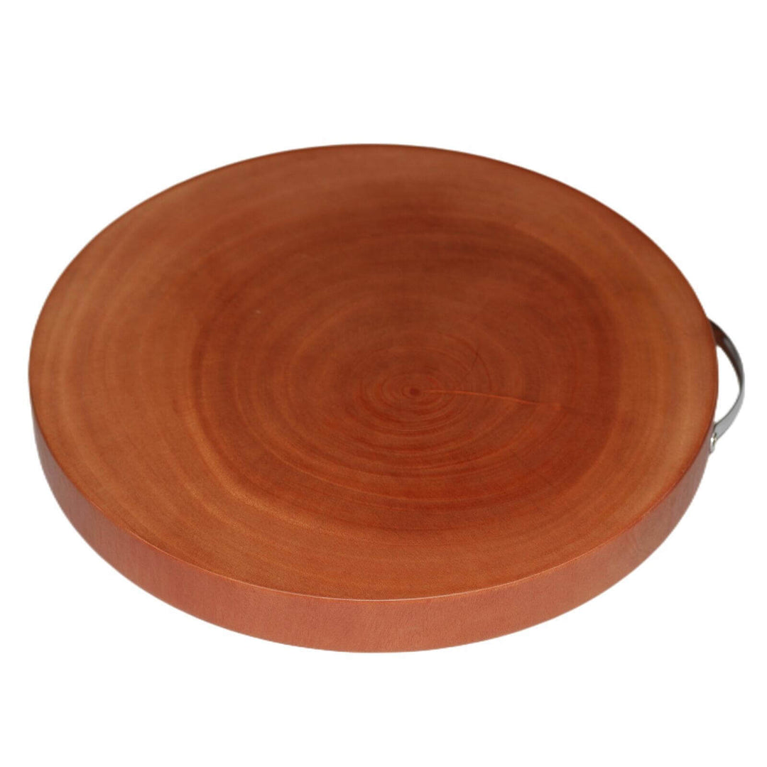 Round natural hardwood kitchen cutting board, hygienic and easy to clean, ideal for chopping and serving.