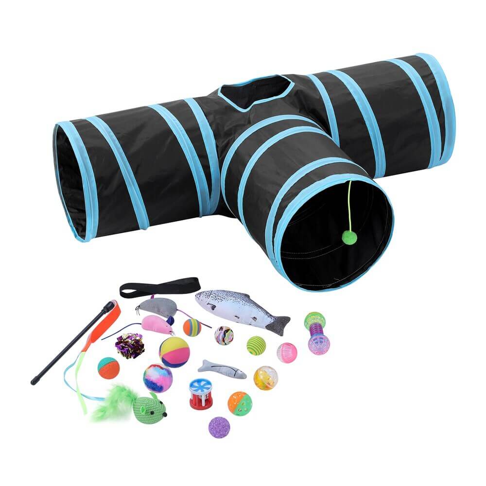 YES4PETS Tri-Tunnel collapsible cat toy set with assorted colorful toys for kittens and rabbits. Affordable pet play kit.