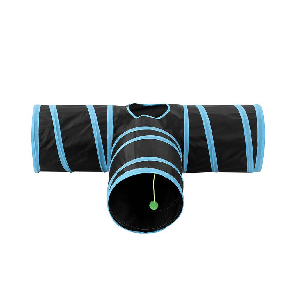 Collapsible tri-tunnel cat toy with blue accents for playful pets and engaging activities. Affordable and quality design for cats.