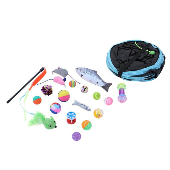 YES4PETS Cat Toy Set with Tri-Tunnel and 20 assorted toys for active play, featuring catnip and engaging textures.