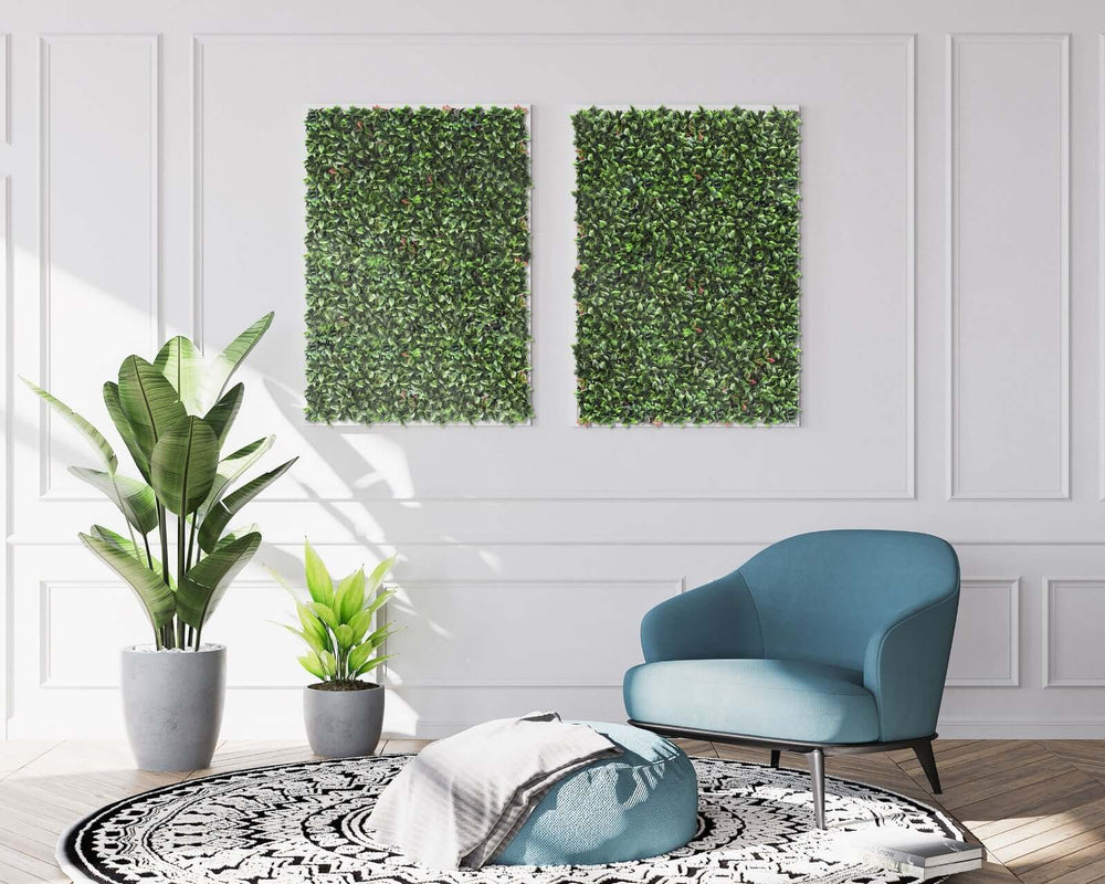 Lush artificial plant wall panels in a stylish living room with blue chair and decorative elements, perfect for DIY home decor.